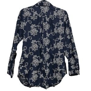 COLDWATERCCREEK SIZE P/S BLUE EMBROIDERED WHITE FLORAL BUTTON DOWN SHIRT WOMENS